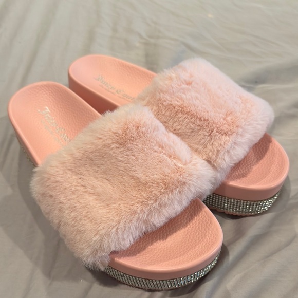 Juicy Couture Shoes - Juicy Couture Pink Fuzzy slides flip flops with Rhinestones orbit size 7